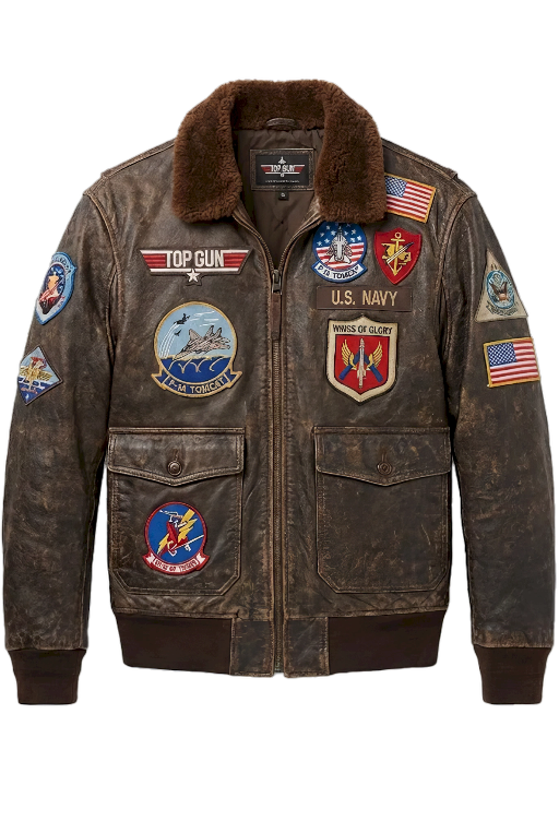 Brown leather jacket with various patches on a white background