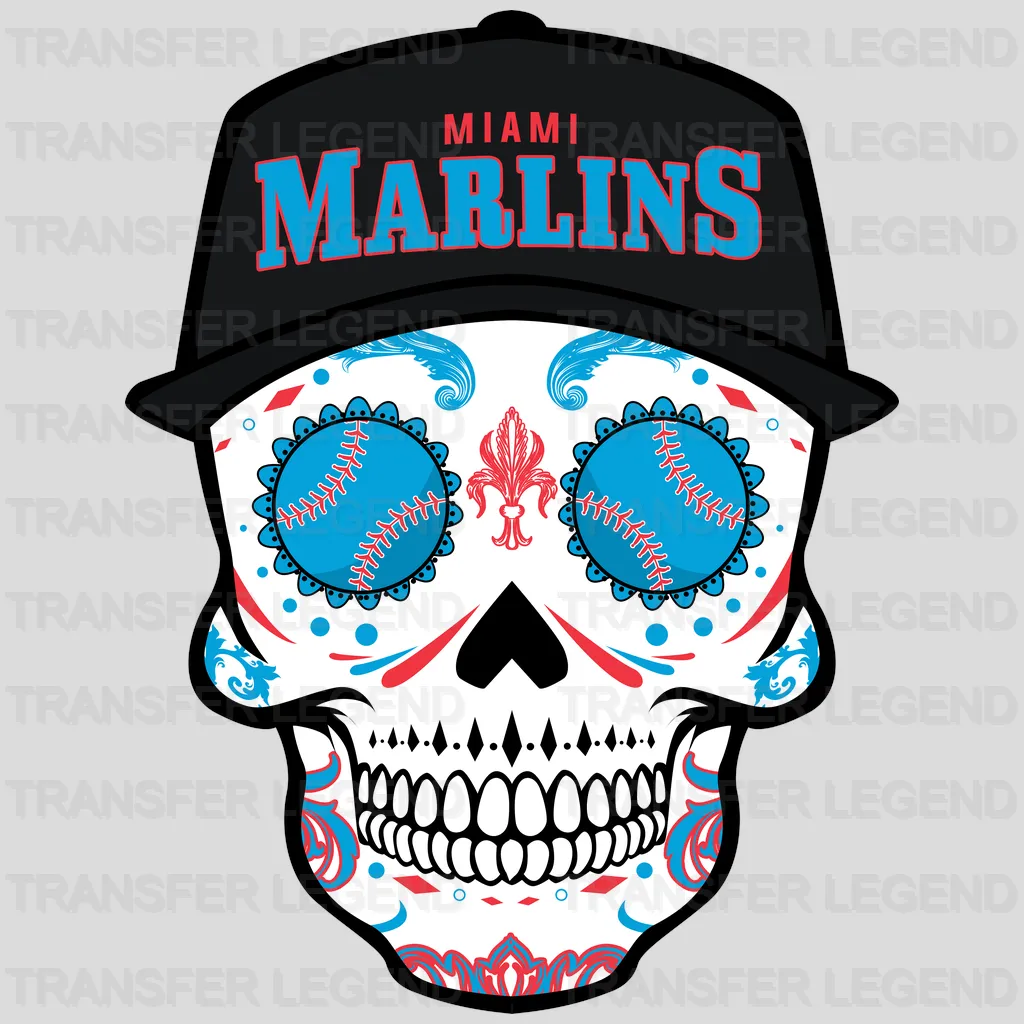 Miami Marlins MLB Sugar Skull With Cap Illustration - DTF Iron On Transfer