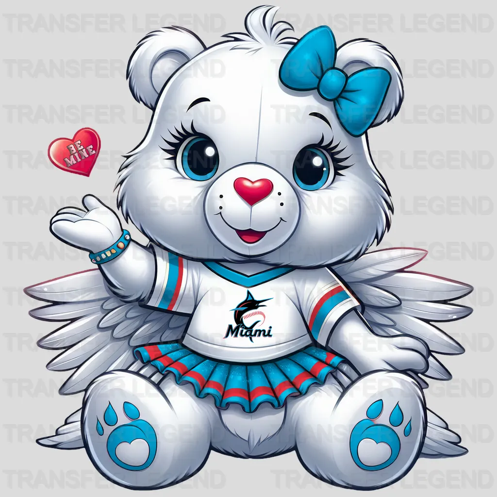 Miami Marlins MLB Cute Care Bear Mascot With Bow - DTF Iron On Transfer