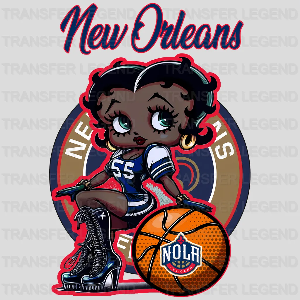 New Orleans Pelicans NBA Cute Cartoon Girl Sitting On V2 - DTF Iron On Transfer