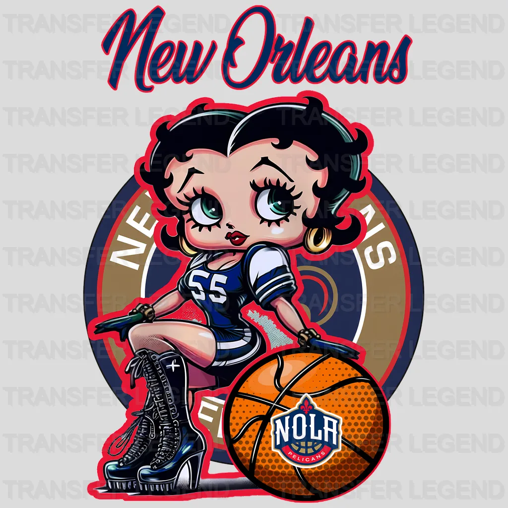 New Orleans Pelicans NBA Cute Cartoon Girl Sitting On V3 - DTF Iron On Transfer