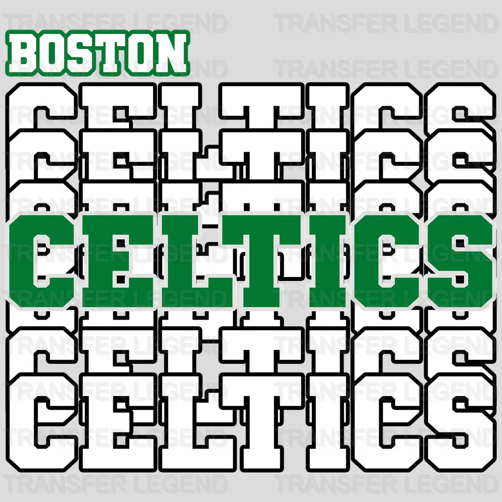 Boston Celtics NBA Repeated Text Pattern Block Logo - DTF Iron On Transfer