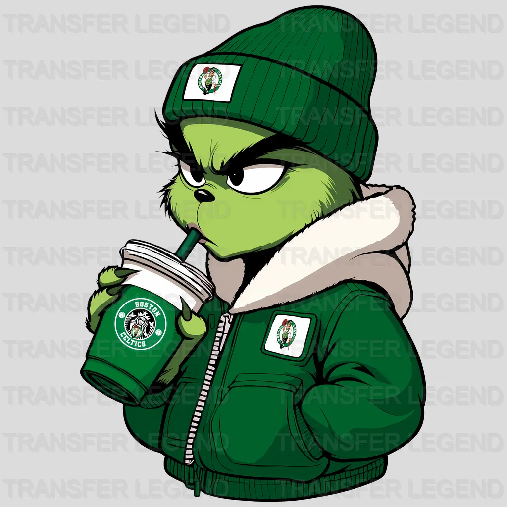 Boston Celtics NBA The Grinch Drinking Coffee - DTF Iron On Transfer
