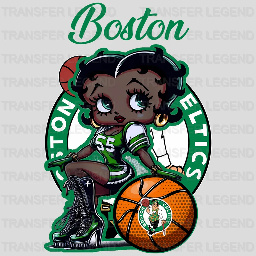 Boston Celtics NBA Cute Cartoon Girl Sitting On V2 - DTF Iron On Transfer