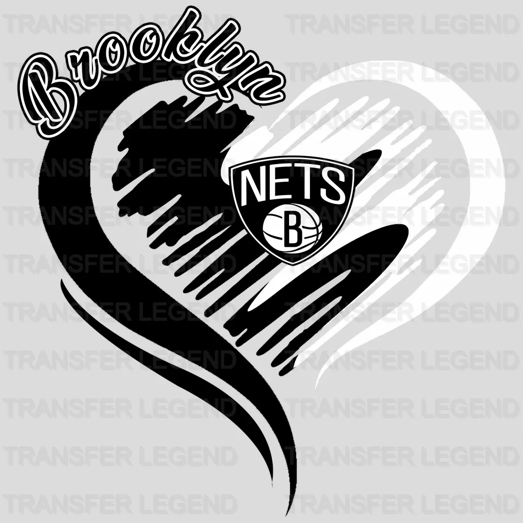 Brooklyn Nets NBA Elegant Heart Swirl With Script Text - DTF Iron On Transfer