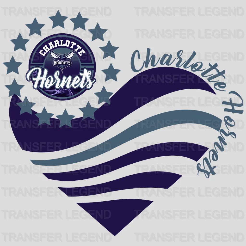 Charlotte Hornets NBA Heart Shape Retro Wavy Lines Graphic - DTF Iron On Transfer