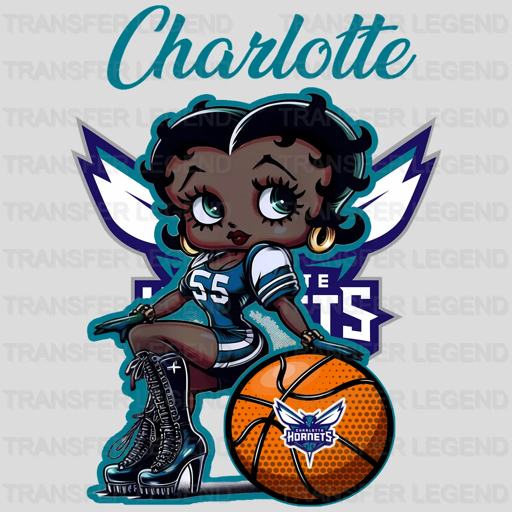 Charlotte Hornets NBA Cute Cartoon Girl Sitting On V2 - DTF Iron On Transfer