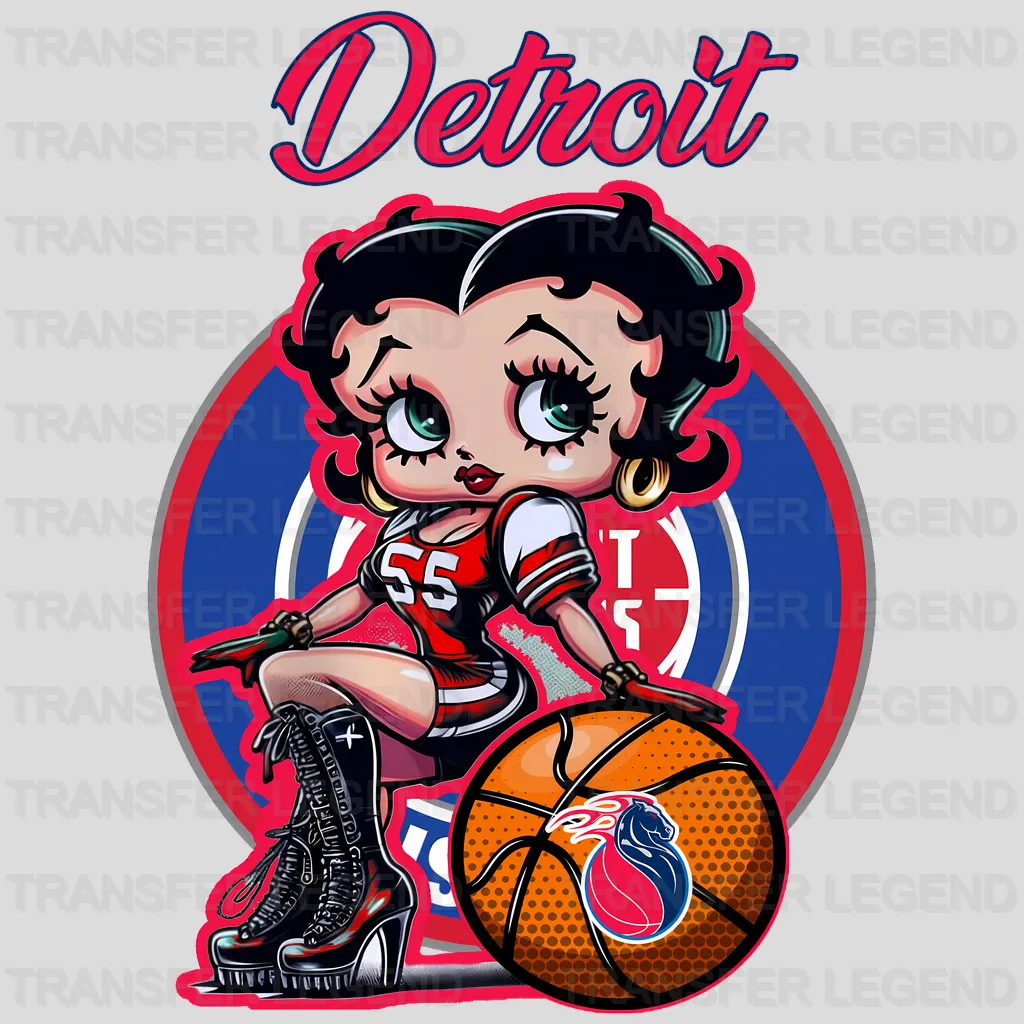 Detroit Pistons NBA Cute Cartoon Girl Sitting On V1 - DTF Iron On Transfer