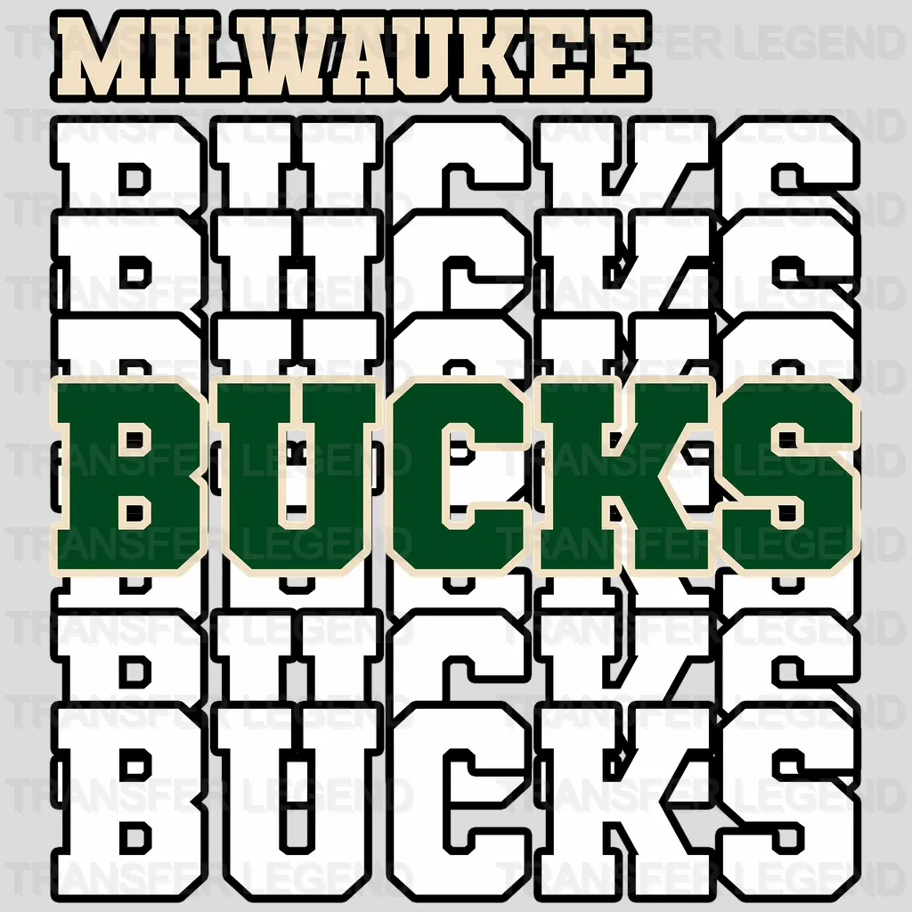 Milwaukee Bucks NBA Repeated Text Pattern Block Logo - DTF Iron On Transfer