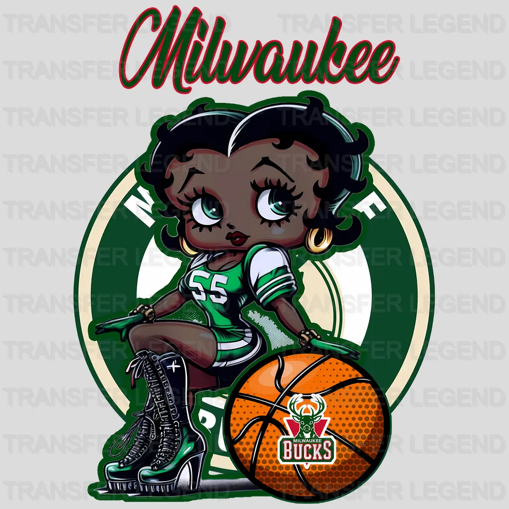Milwaukee Bucks NBA Cute Cartoon Girl Sitting On V2 - DTF Iron On Transfer
