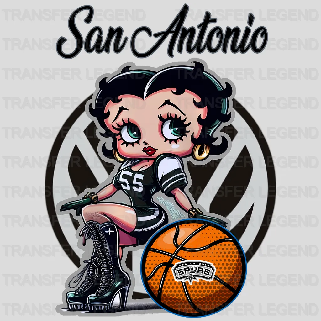 San Antonio Spurs NBA Cute Cartoon Girl Sitting On V1 - DTF Iron On Transfer