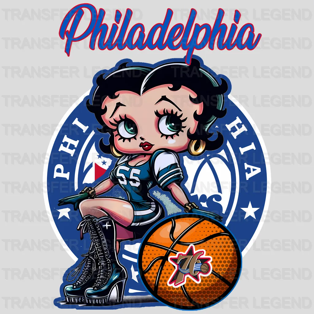 Philadelphia 76ers NBA Cute Cartoon Girl Sitting On White - DTF Iron On Transfer