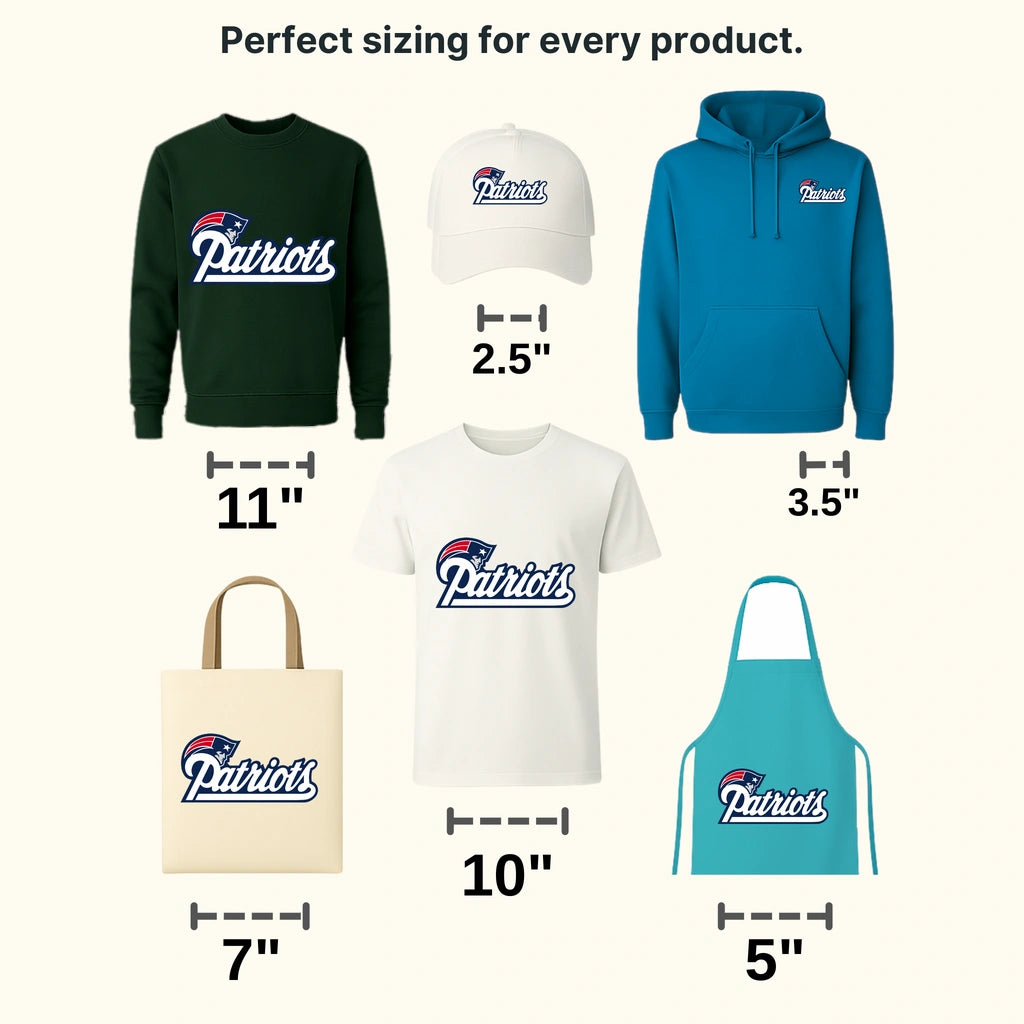 New England Patriots curved script within oval badge, NFL design - DTF Heat Transfer