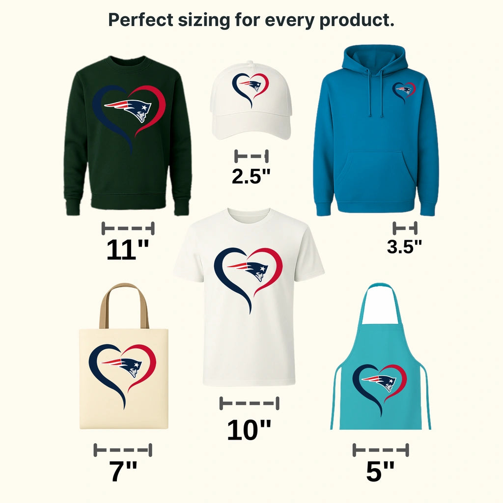 New England Patriots overlapping heart and head emblem, NFL design - DTF Heat Transfer