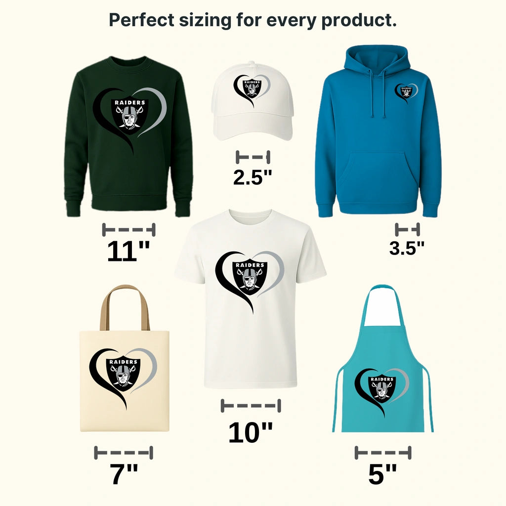 Las Vegas Raiders large heart silhouette featuring team shield, NFL design - DTF Heat Transfer