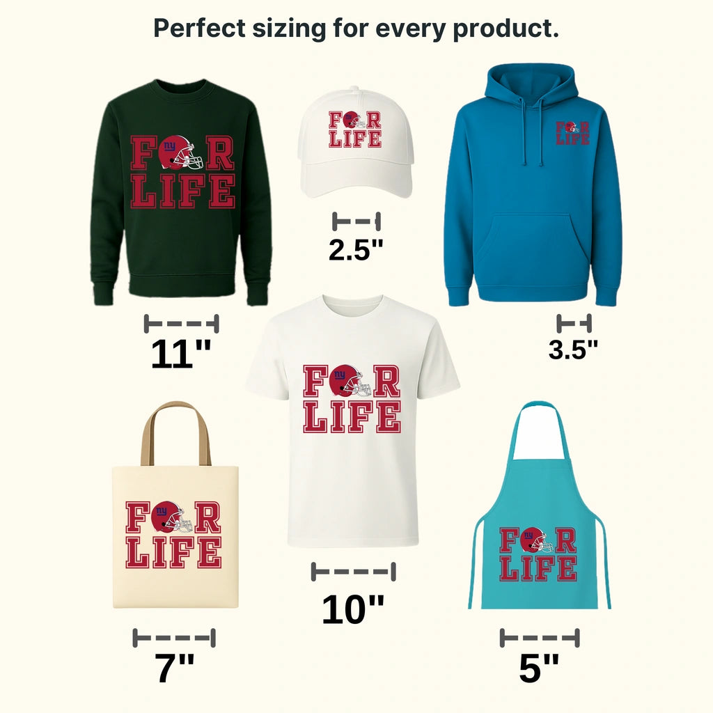 New York Giants “For Life” text with helmet icons, NFL design - DTF Heat Transfer