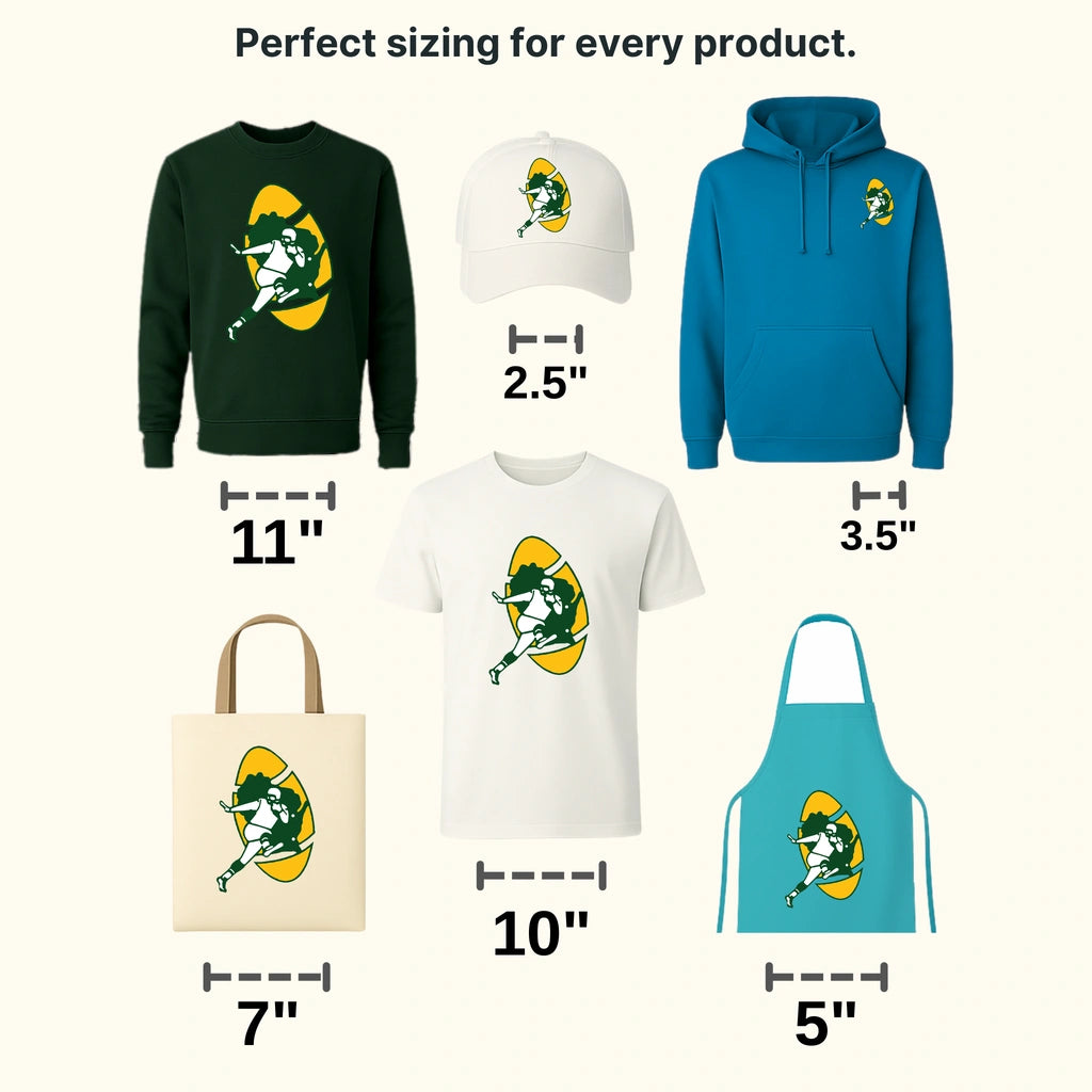 Green Bay Packers running player silhouette against green‑yellow team shape, NFL design - DTF Heat Transfer