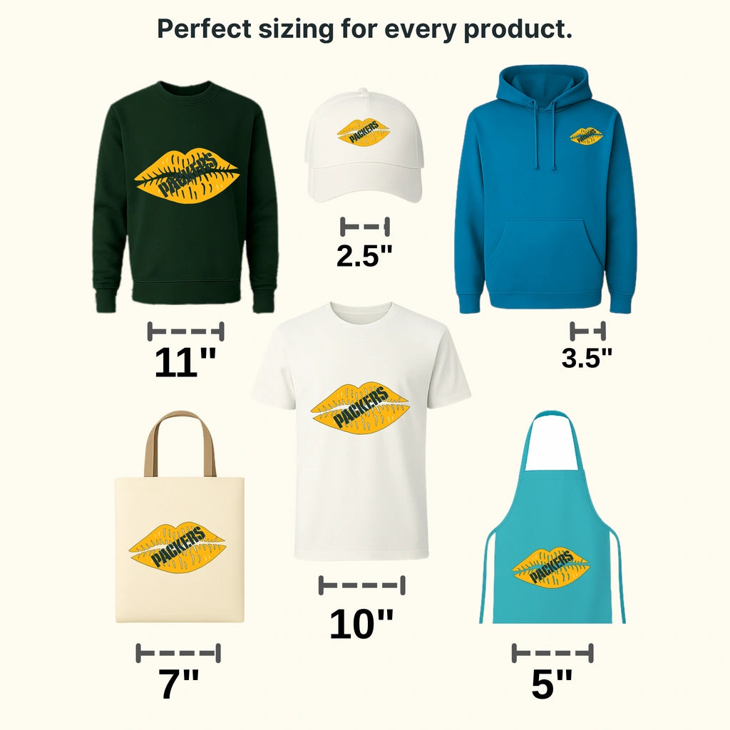 Green Bay Packers lips imprint filled with scribbled PACKERS text, NFL design - DTF Heat Transfer