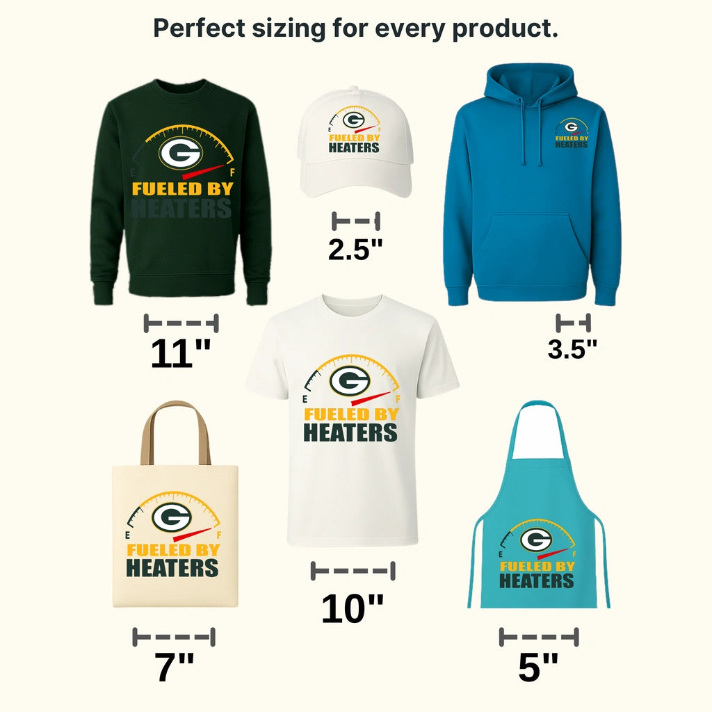 Green Bay Packers fuel gauge with G logo and “Fueled by Heaters” slogan, NFL design - DTF Heat Transfer