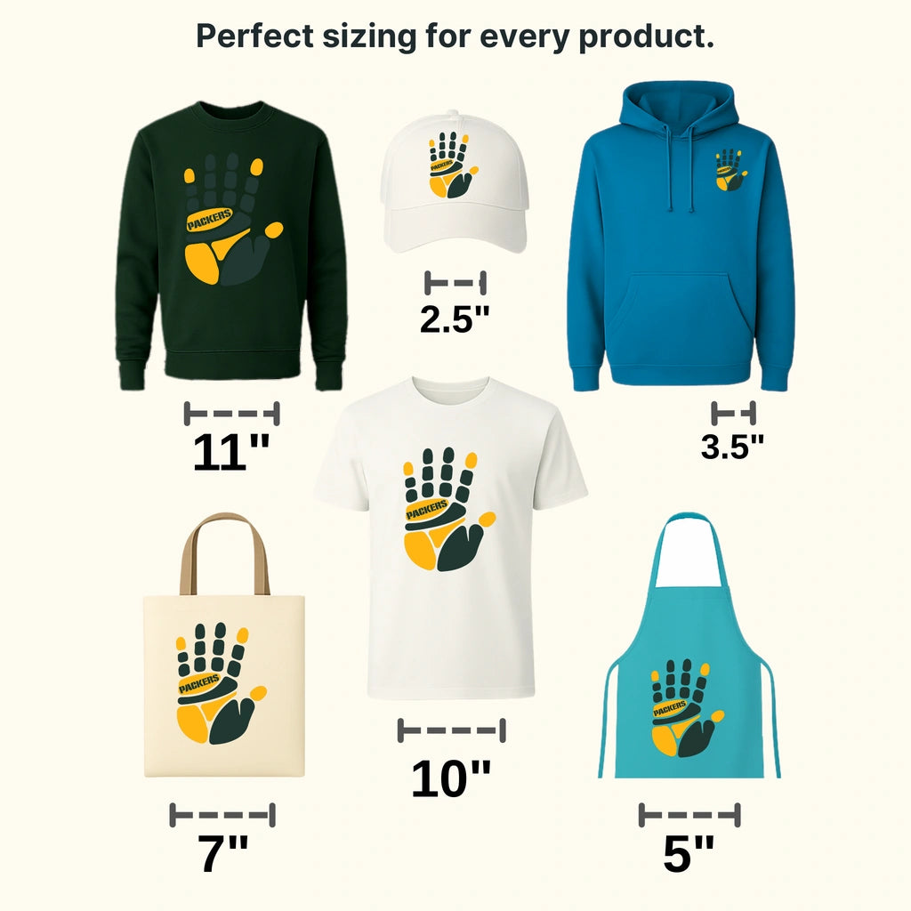 Green Bay Packers handprint graphic with “PACKERS” on palm, NFL design - DTF Heat Transfer