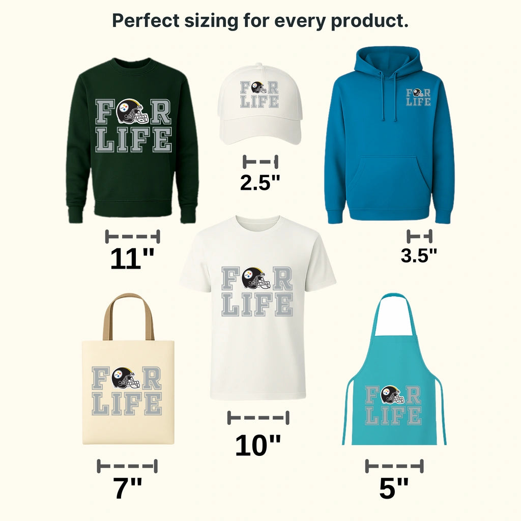 Pittsburgh Steelers “For Life” slogan with helmet icons, NFL design - DTF Heat Transfer