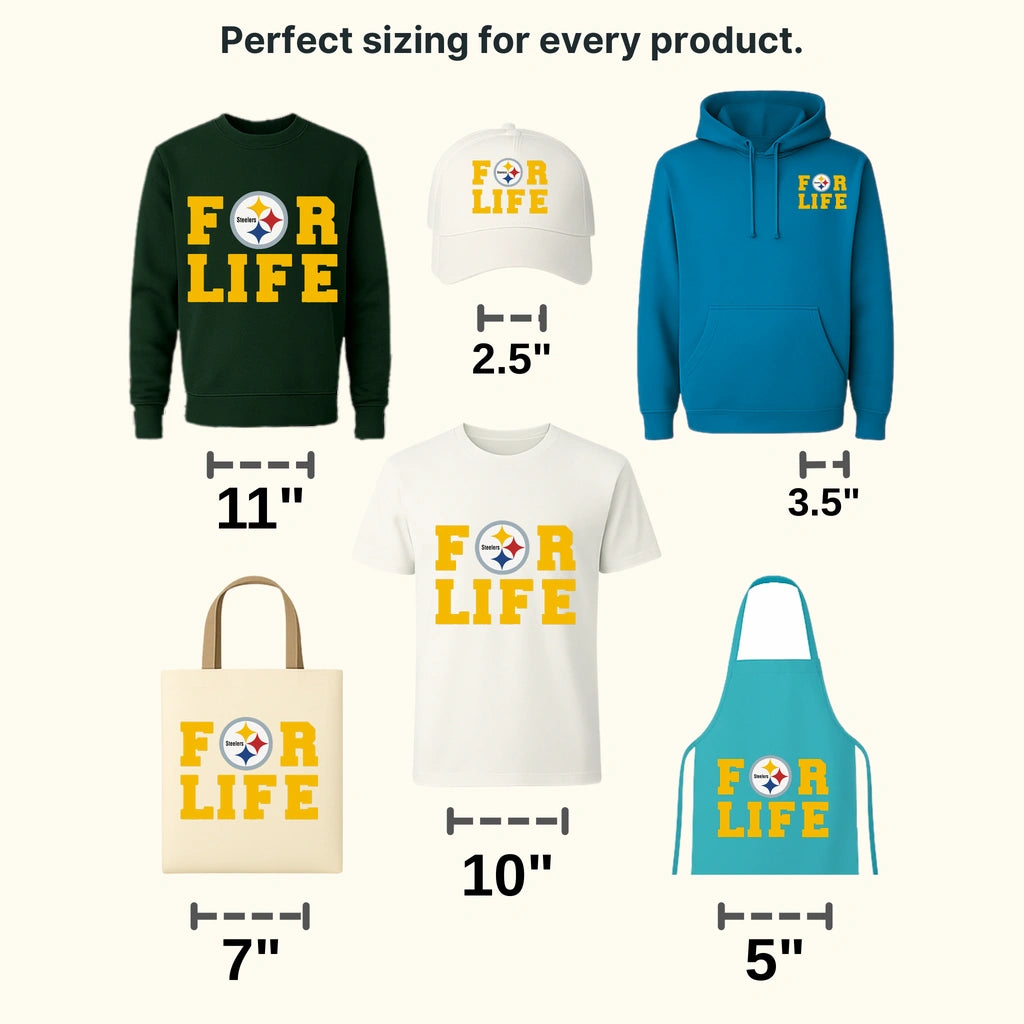 Pittsburgh Steelers “For Life” text with player silhouette and stars, NFL design - DTF Heat Transfer