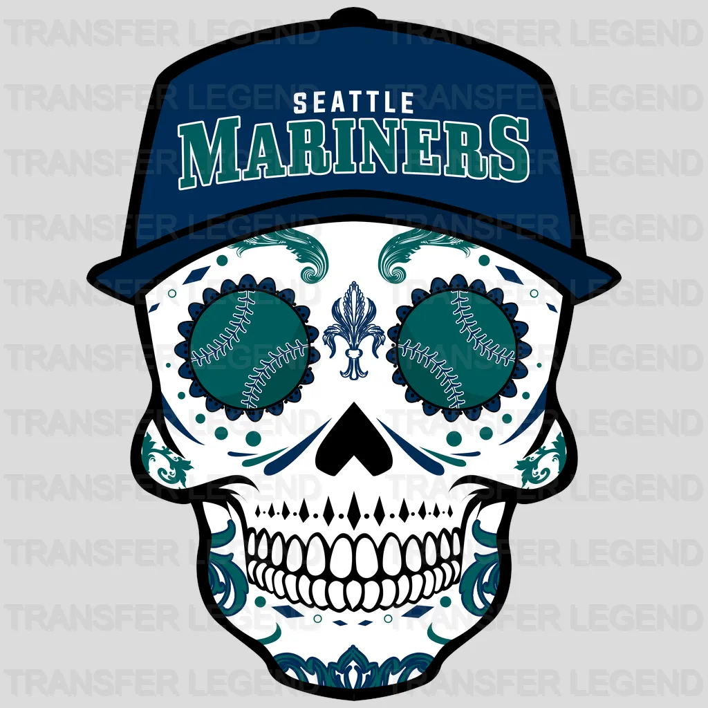 Seattle Mariners MLB Sugar Skull With Cap Illustration - DTF Iron On Transfer