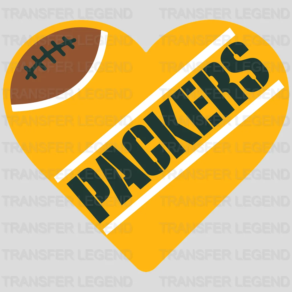 Green Bay Packers football‑infused heart shape with diagonal PACKERS text, NFL design - DTF Heat Transfer