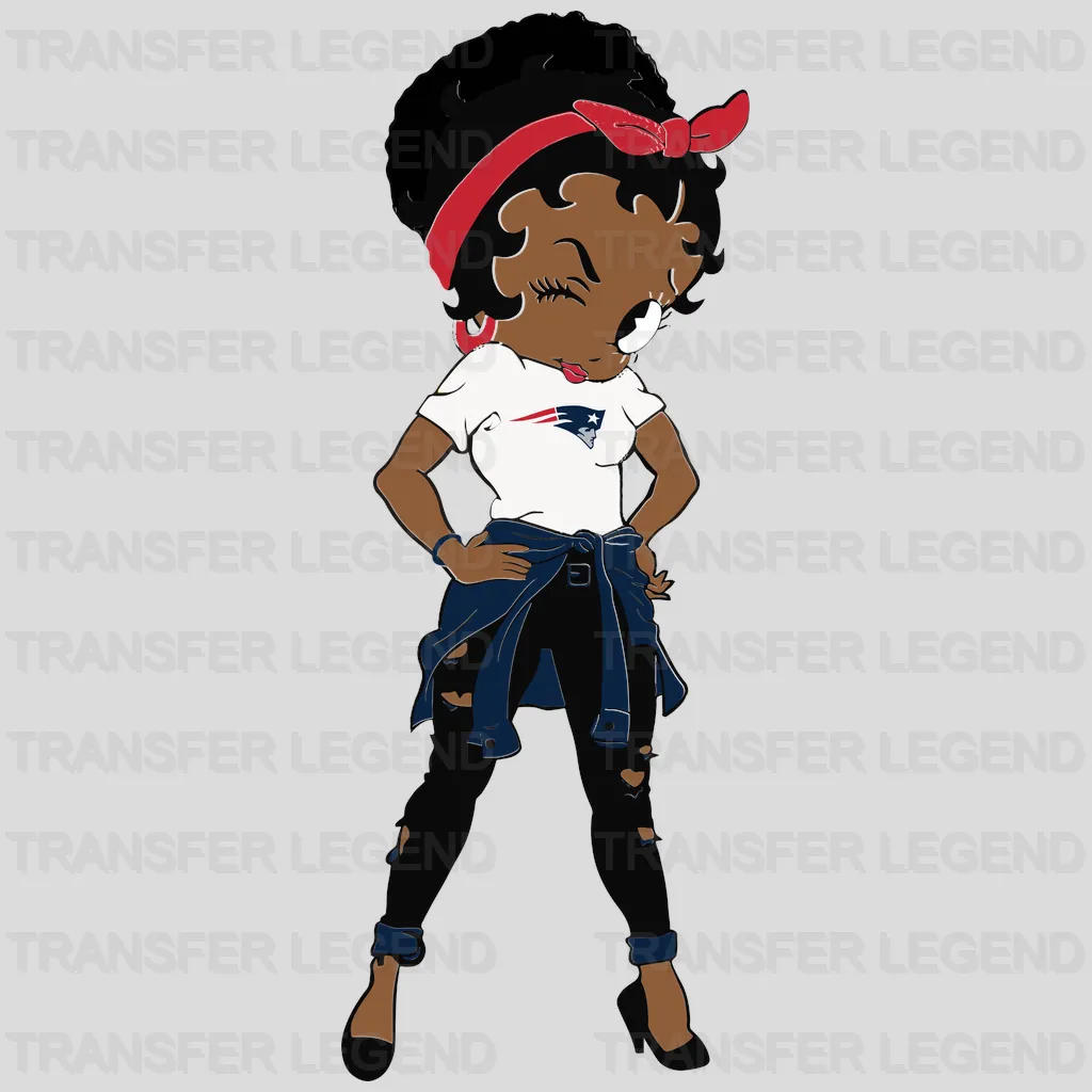 New England Patriots female fan character leaning on logo circle, NFL design - DTF Heat Transfer