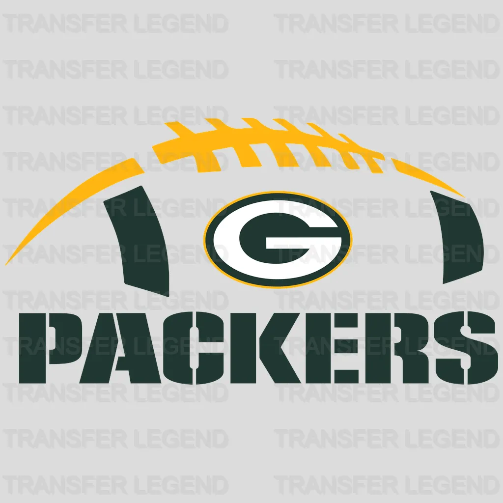 Green Bay Packers arched football silhouette with G logo and “PACKERS” text, NFL design - DTF Heat Transfer