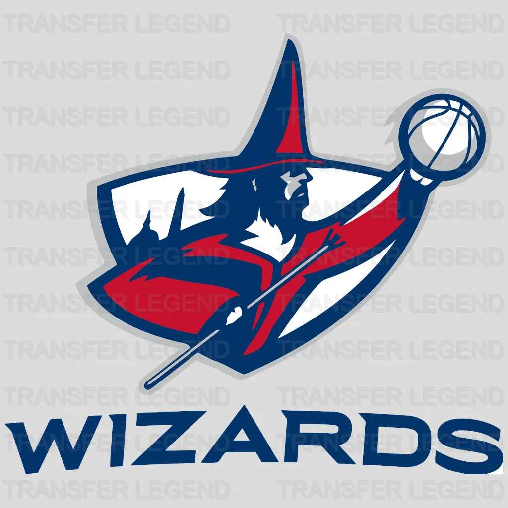Washington Wizards Wizard Mascot Wand Logo with Wordmark NBA Design - DTF Heat Transfer