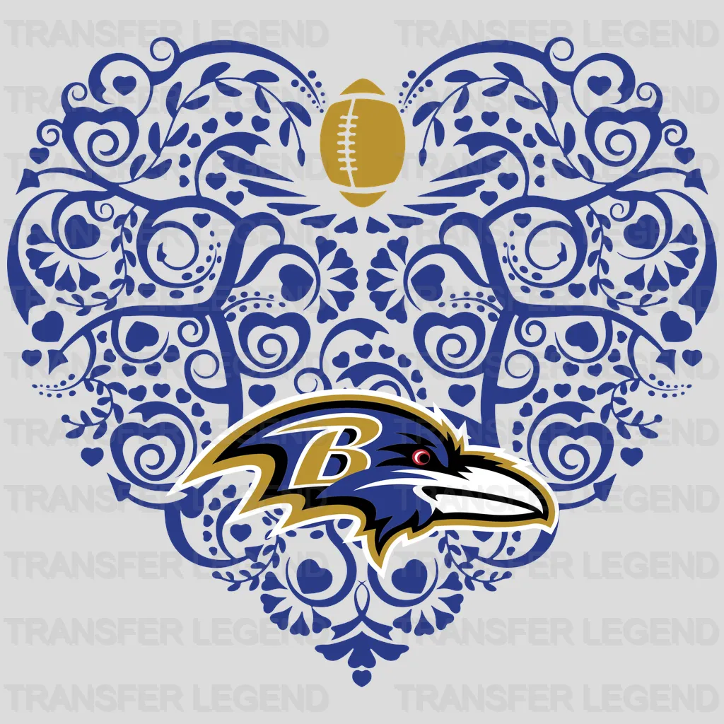 Baltimore Ravens Ornamental Floral Heart Logo NFL Design - DTF Heat Transfer