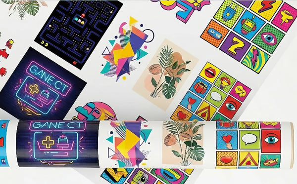 Collection of colorful stickers with various designs on a white background
