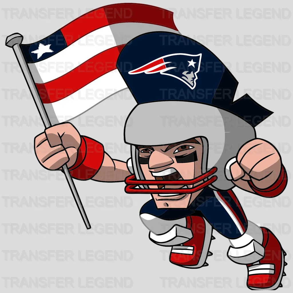New England Patriots determined cartoon mascot holding flag, NFL design - DTF Heat Transfer