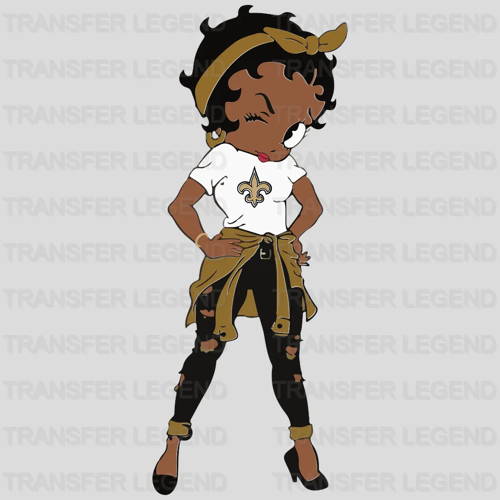 New Orleans Saints female fan leaning on fleur‑de‑lis emblem with matching outfit, NFL design - DTF Heat Transfer