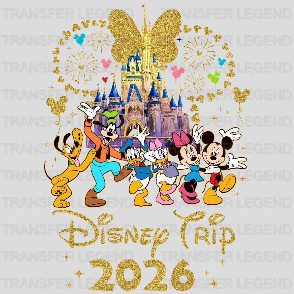 Close up of Golden Mickey Minnie cartoon DTF heat transfer with vibrant color and sharp detail