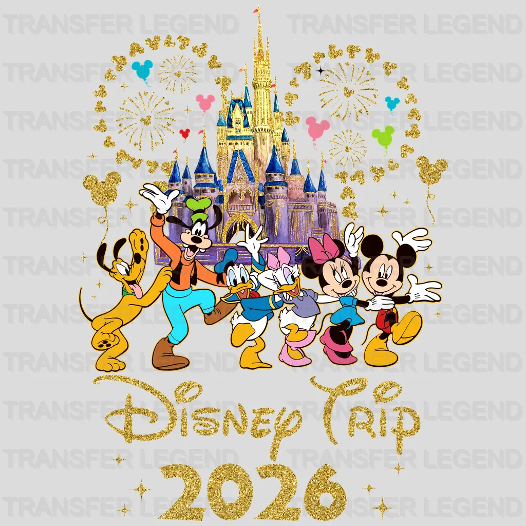 Golden Mickey Minnie trip DTF heat transfer design for matching family shirts